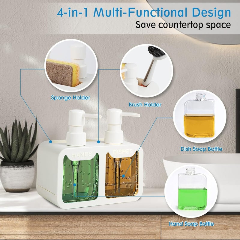 Eavida Kitchen Soap Dispenser Set, with Hand and Dish Soap, Sponge Caddy and Brush Holder 4-in-1 Kitchen Dual Soap Dispenser Set for Kitchen Sink, Bathroom - White - Image 2
